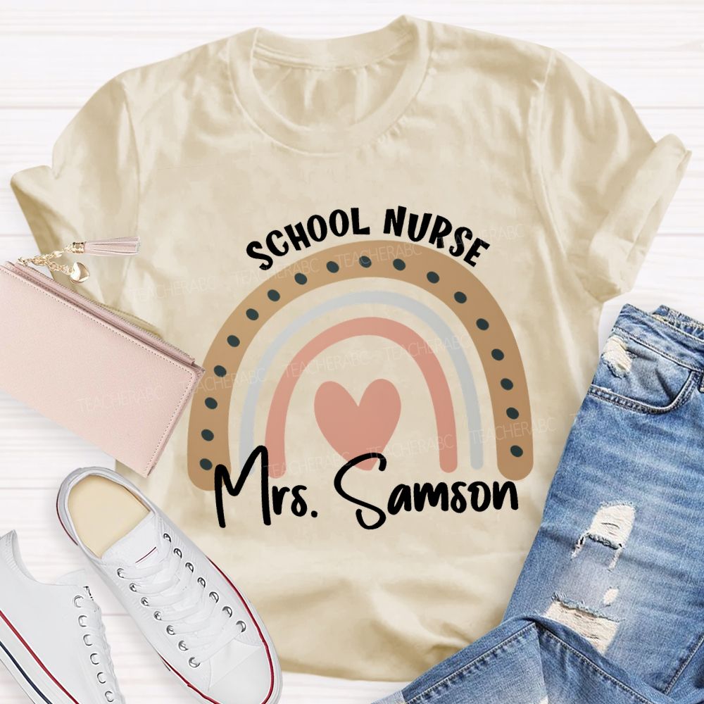 Personalized Name School Nurse Heart Print T-shirt