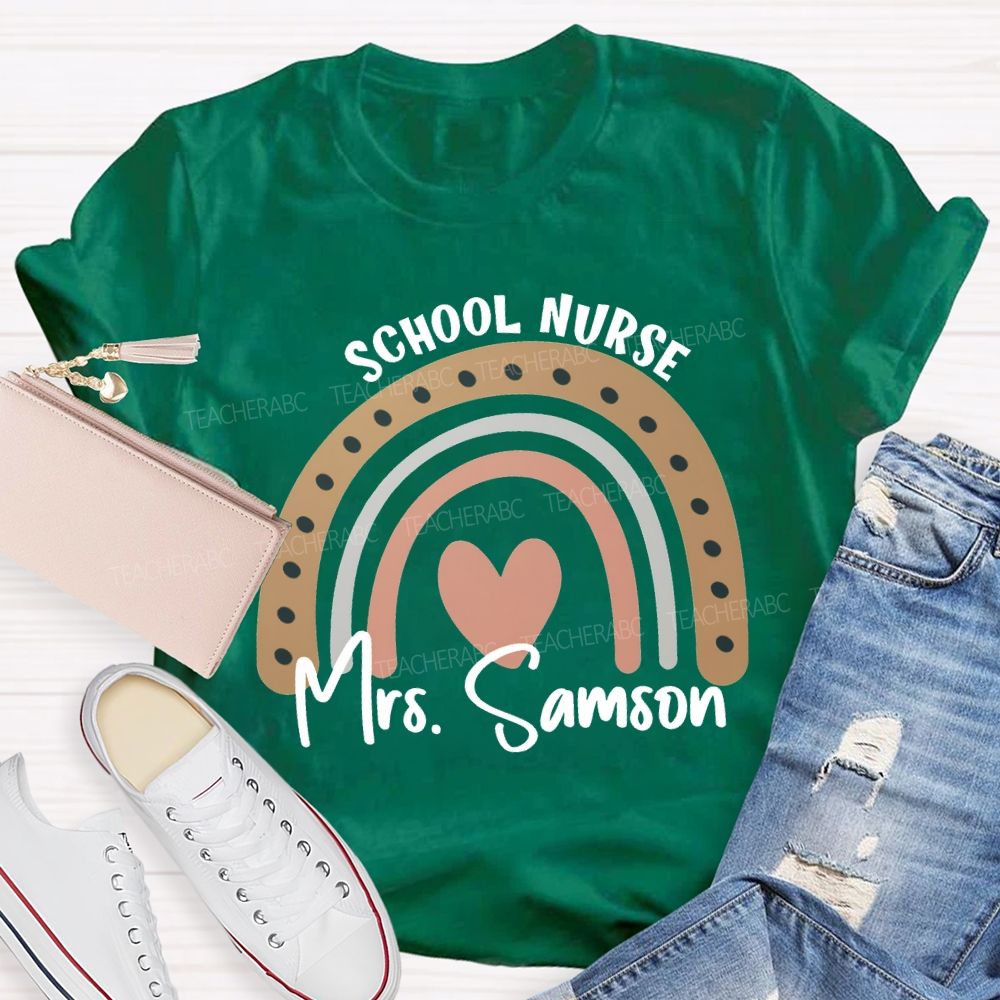 Personalized Name School Nurse Heart Print T-shirt