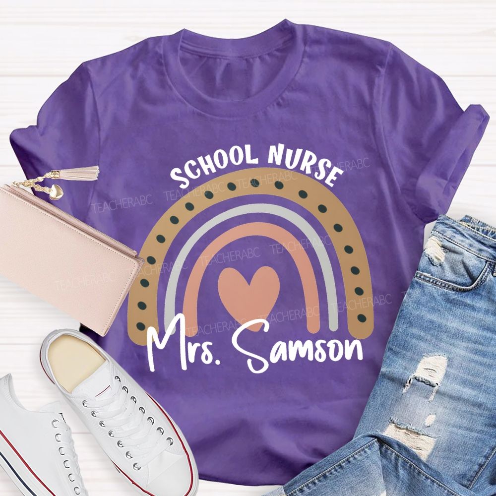Personalized Name School Nurse Heart Print T-shirt