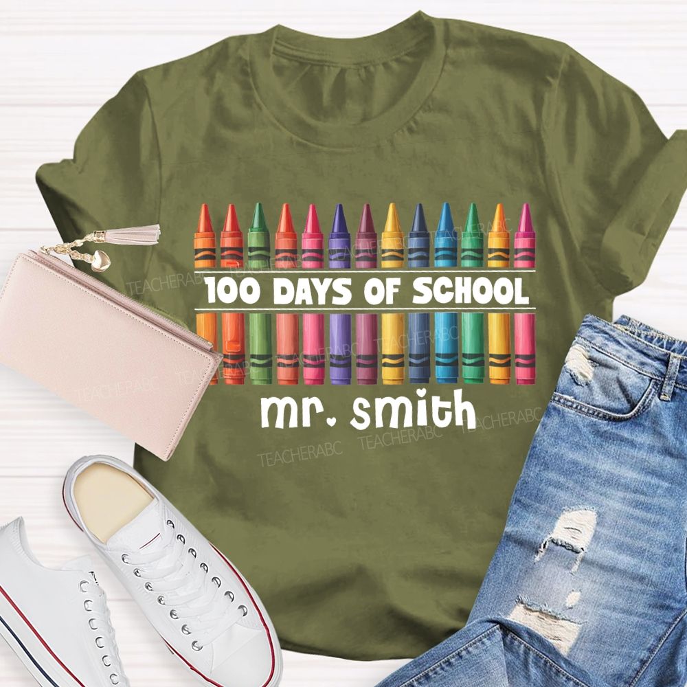 Personalized Name 100 Days Of School Colored Crayon Prints T-shirt