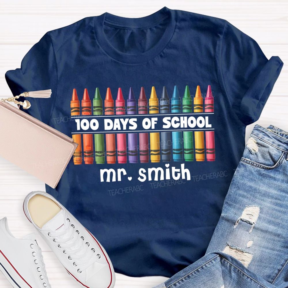 Personalized Name 100 Days Of School Colored Crayon Prints T-shirt