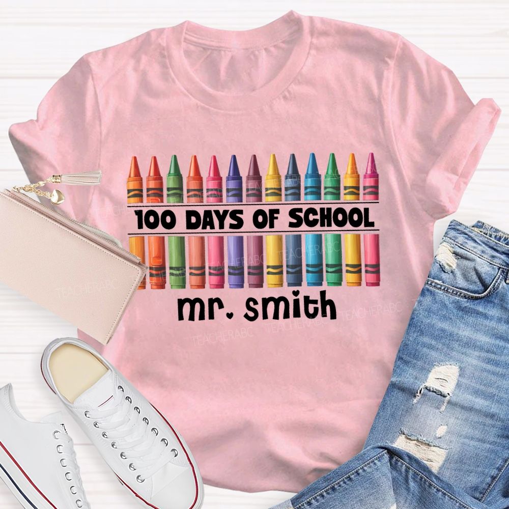 Personalized Name 100 Days Of School Colored Crayon Prints T-shirt