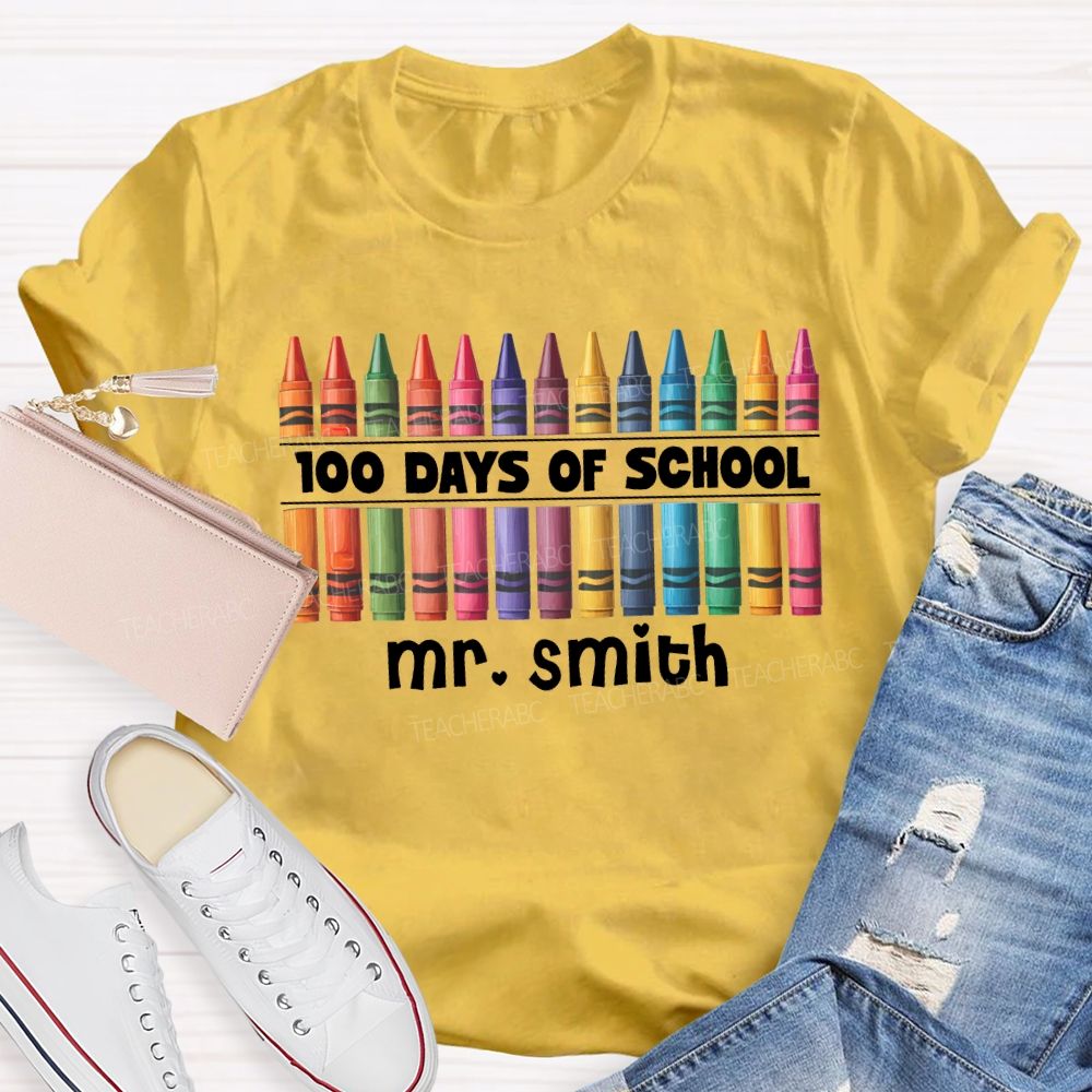 Personalized Name 100 Days Of School Colored Crayon Prints T-shirt