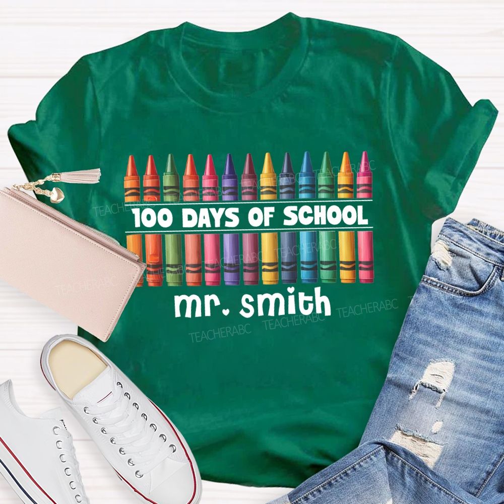 Personalized Name 100 Days Of School Colored Crayon Prints T-shirt
