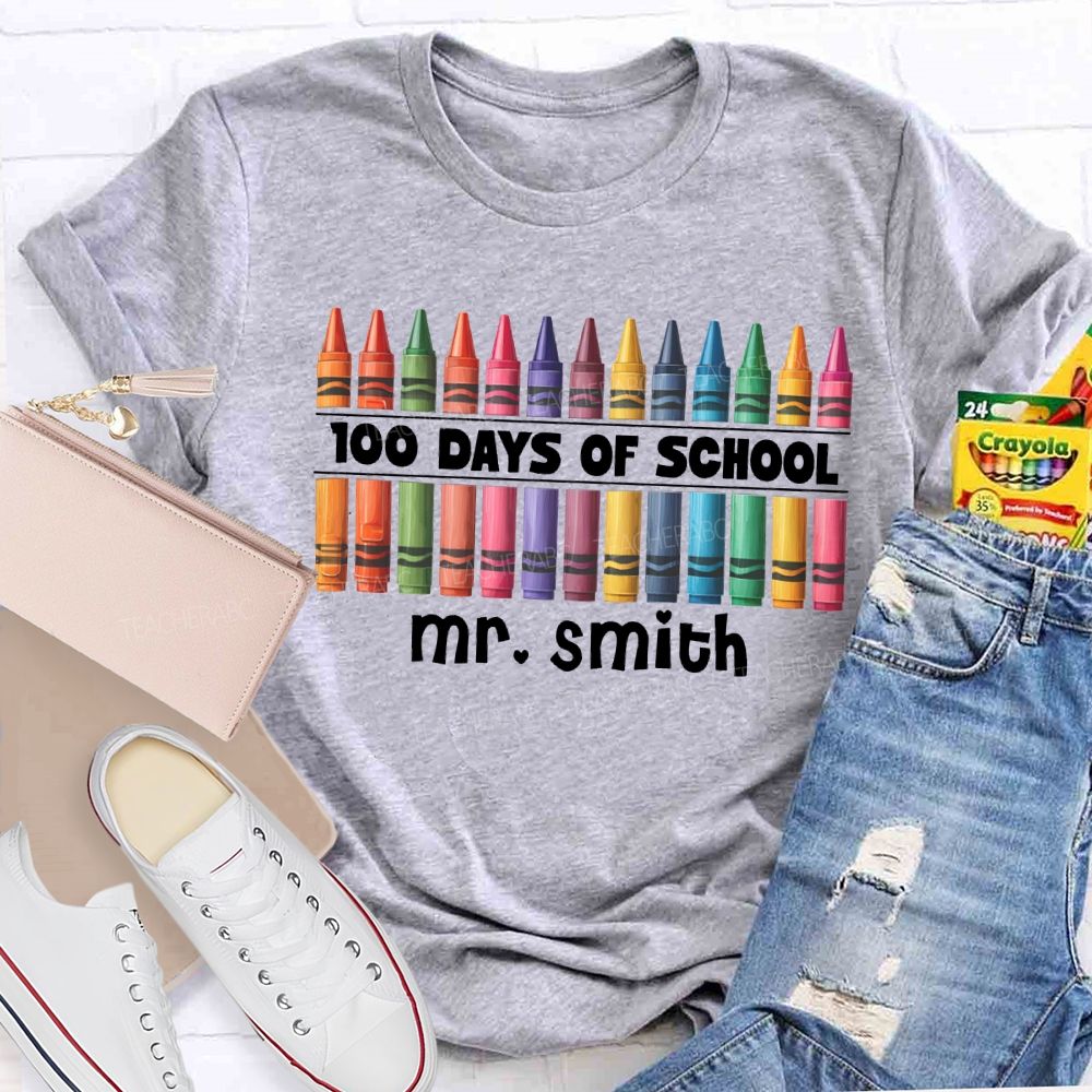 Personalized Name 100 Days Of School Colored Crayon Prints T-shirt