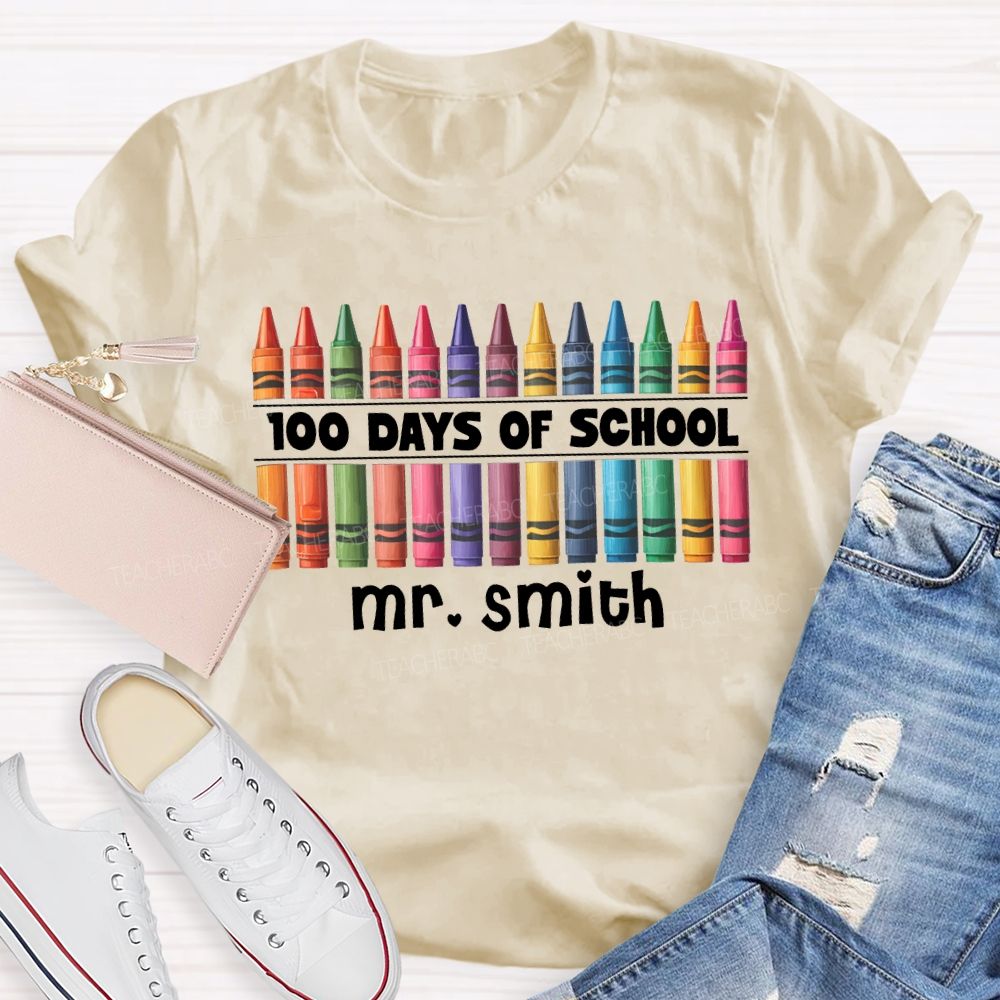Personalized Name 100 Days Of School Colored Crayon Prints T-shirt
