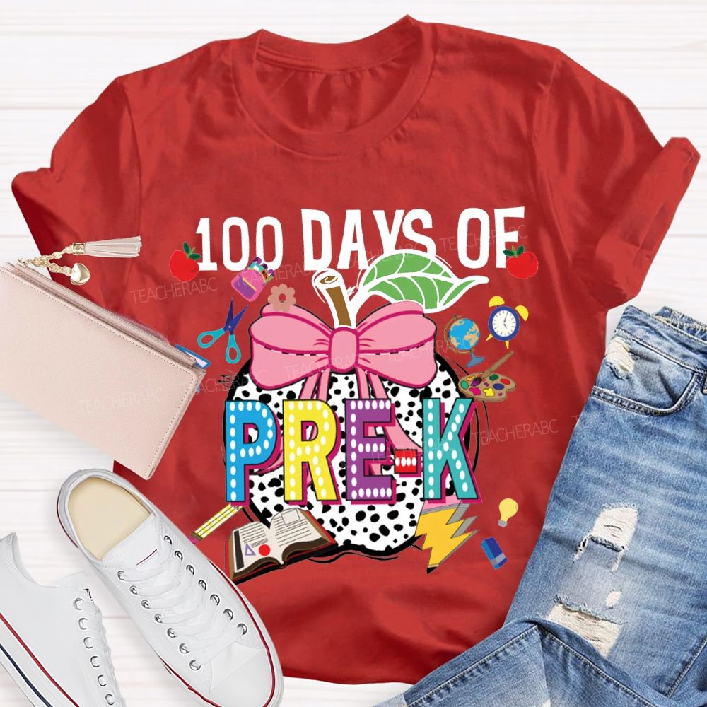 Personalized Grade 100 Days Of Pre-K Bow And Polka Dot Apple T-shirt