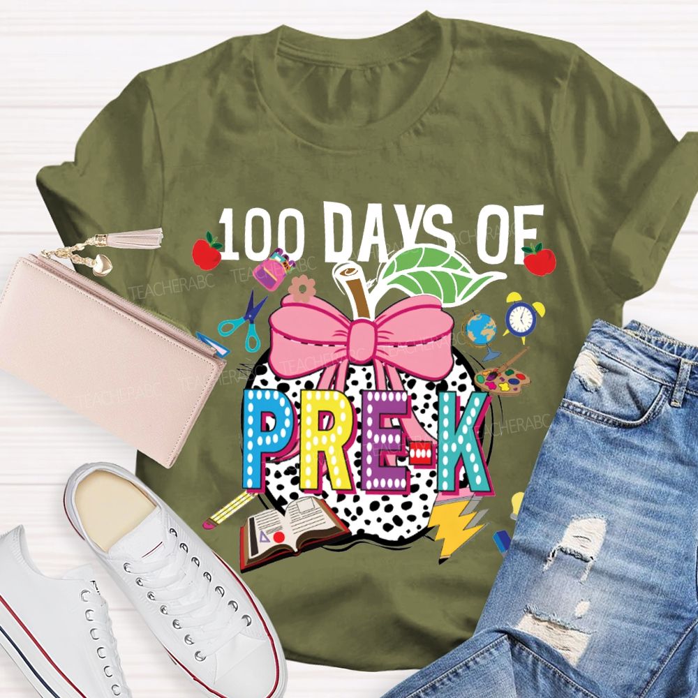 Personalized Grade 100 Days Of Pre-K Bow And Polka Dot Apple T-shirt