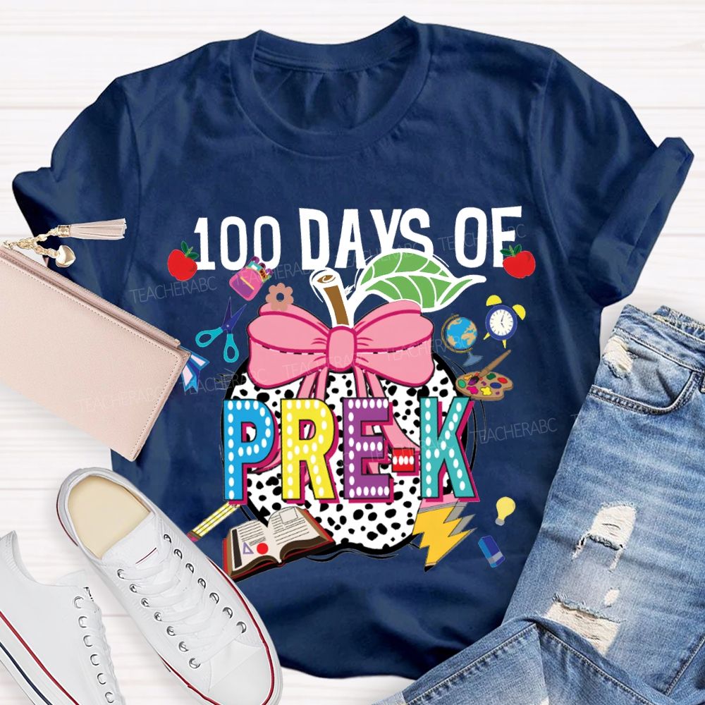 Personalized Grade 100 Days Of Pre-K Bow And Polka Dot Apple T-shirt