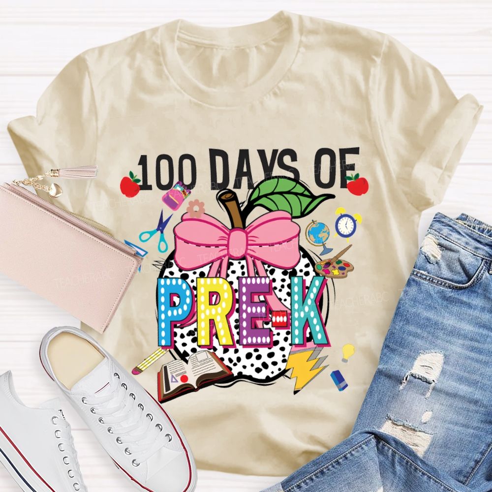 Personalized Grade 100 Days Of Pre-K Bow And Polka Dot Apple T-shirt