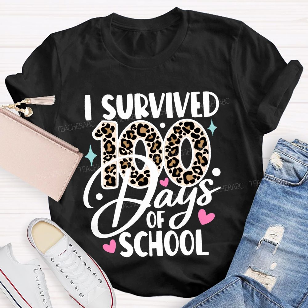 I Survived 100 Days Of School Leopard Print Font T-shirt