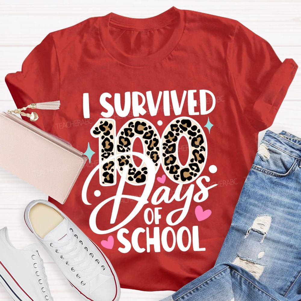I Survived 100 Days Of School Leopard Print Font T-shirt