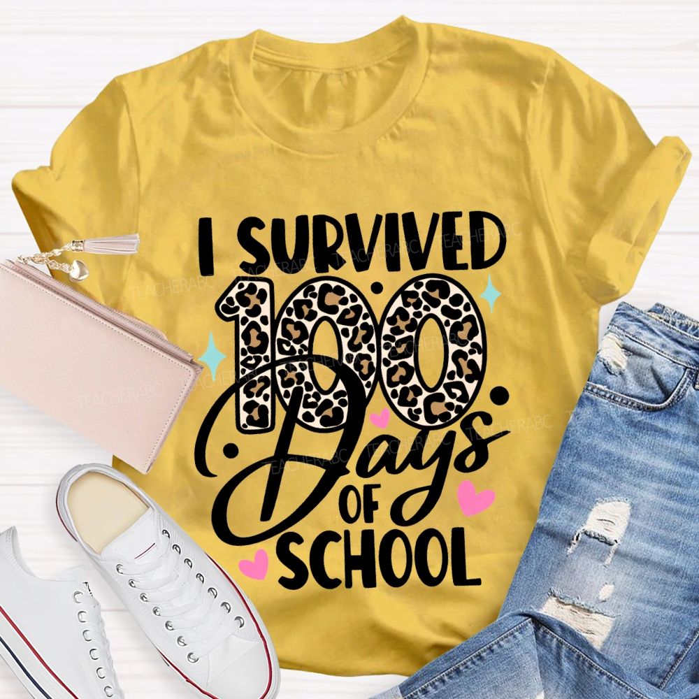 I Survived 100 Days Of School Leopard Print Font T-shirt