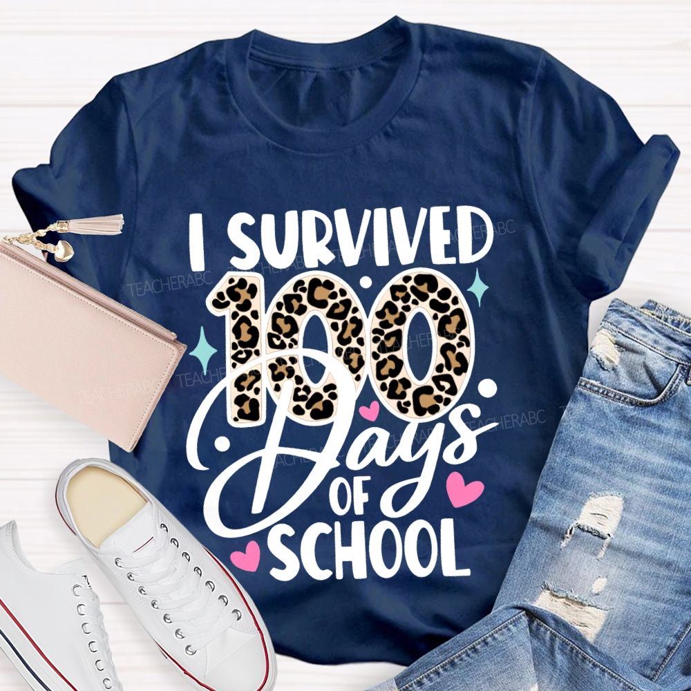 I Survived 100 Days Of School Leopard Print Font T-shirt