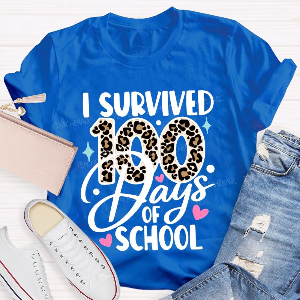 I Survived 100 Days Of School Leopard Print Font T-shirt
