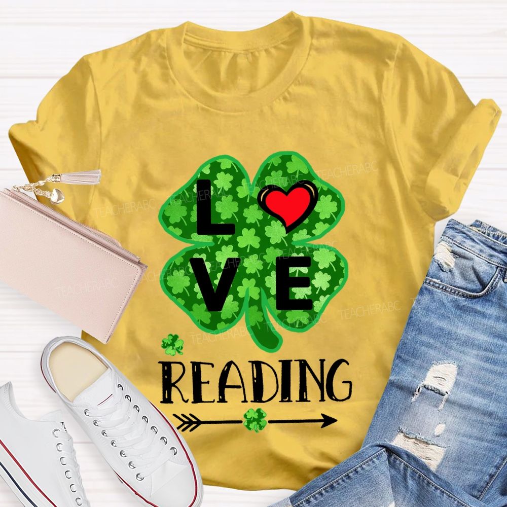 Love Reading With Heart Lucky Clover T-Shirt