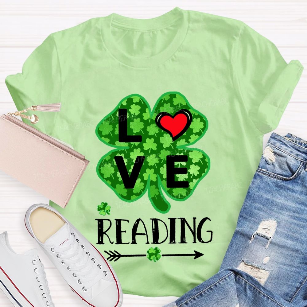 Love Reading With Heart Lucky Clover T-Shirt