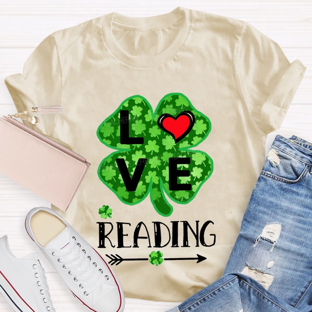 Love Reading With Heart Lucky Clover T-Shirt