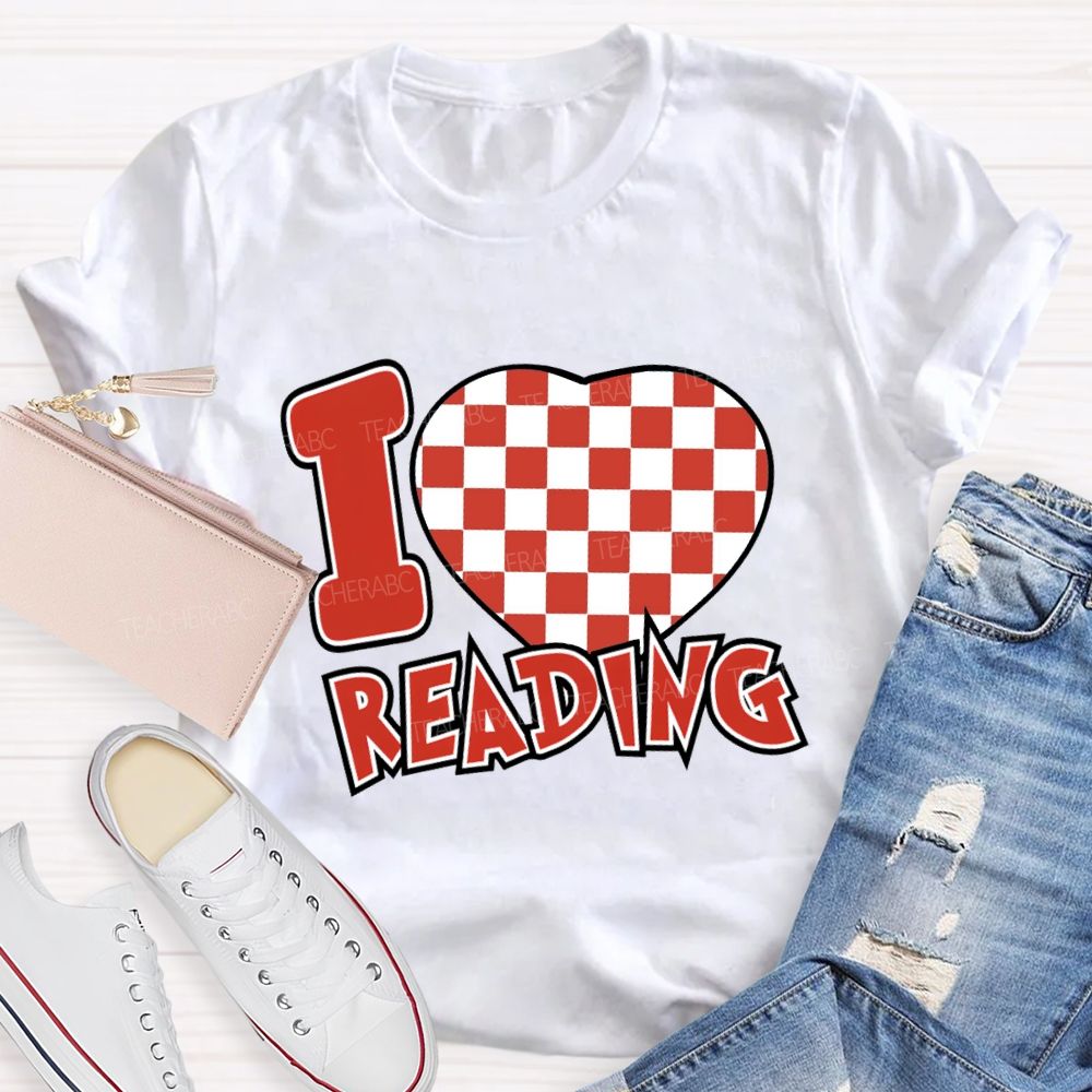 I Love Reading Checkered Heart T-Shirt