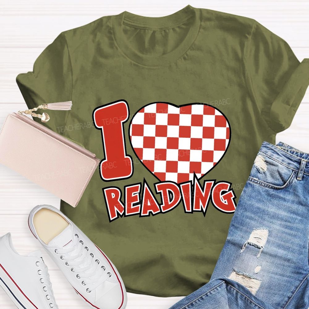 I Love Reading Checkered Heart T-Shirt