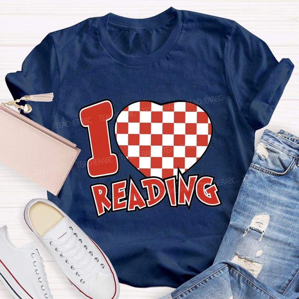 I Love Reading Checkered Heart T-Shirt