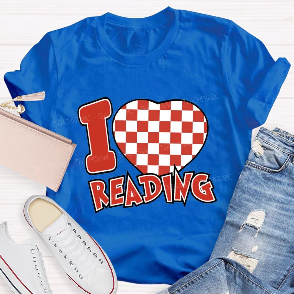 I Love Reading Checkered Heart T-Shirt