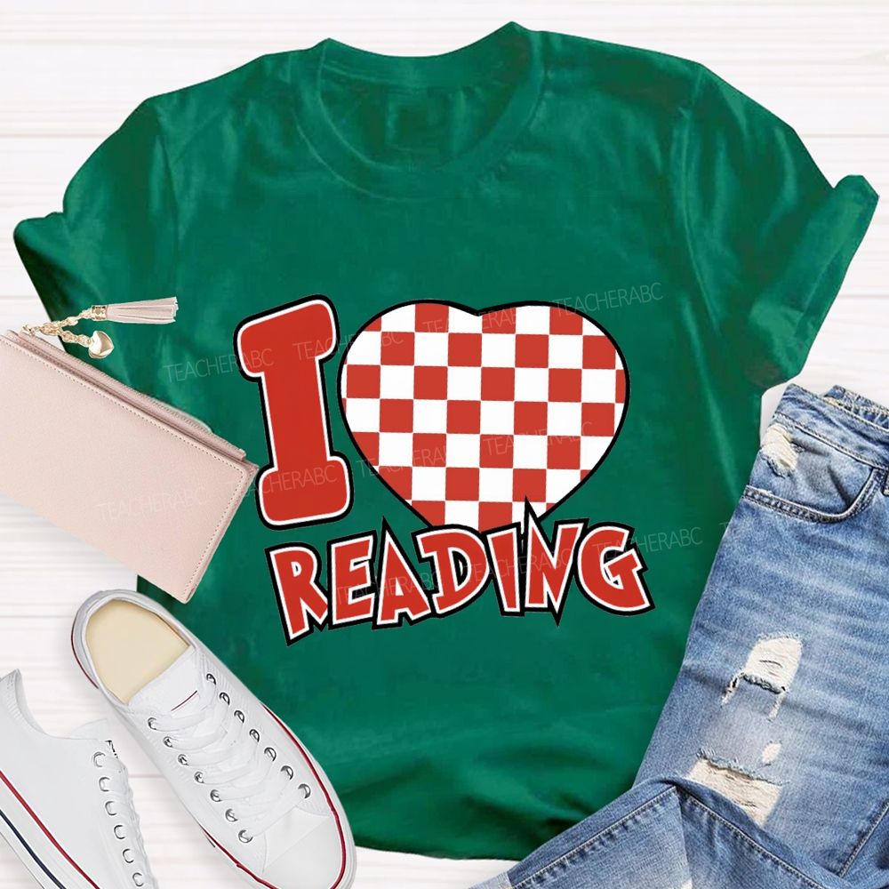 I Love Reading Checkered Heart T-Shirt