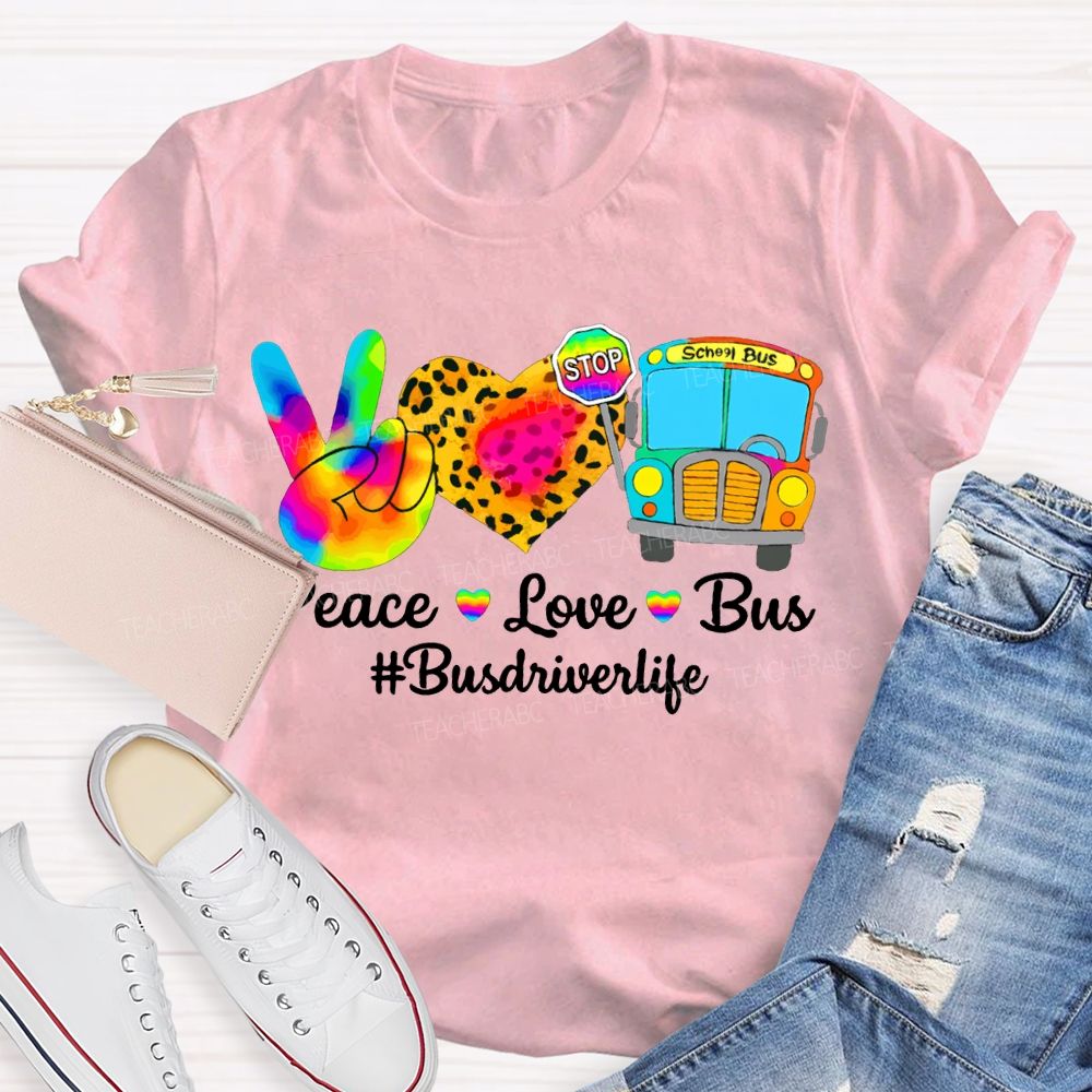 Peace Love School Bus School Bus Driver Life Leopard Print Heart T-shirt