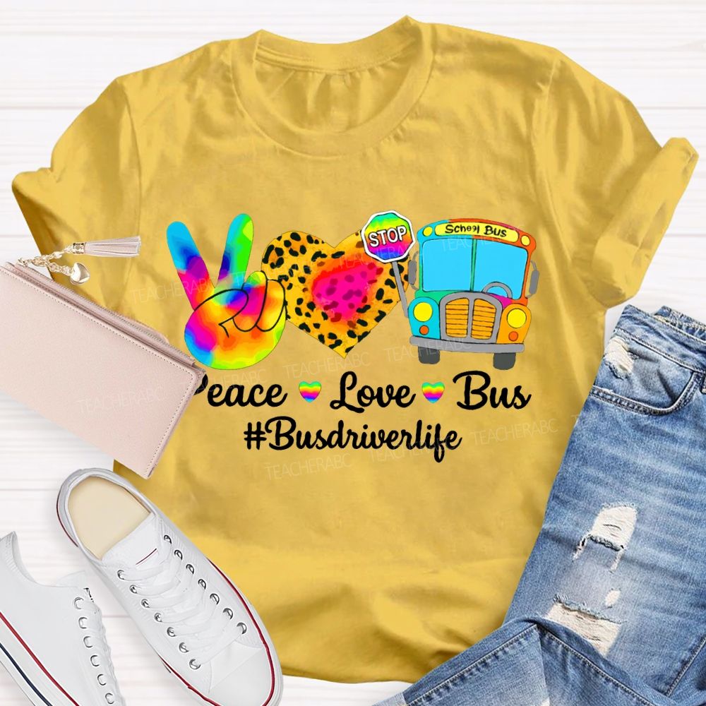 Peace Love School Bus School Bus Driver Life Leopard Print Heart T-shirt