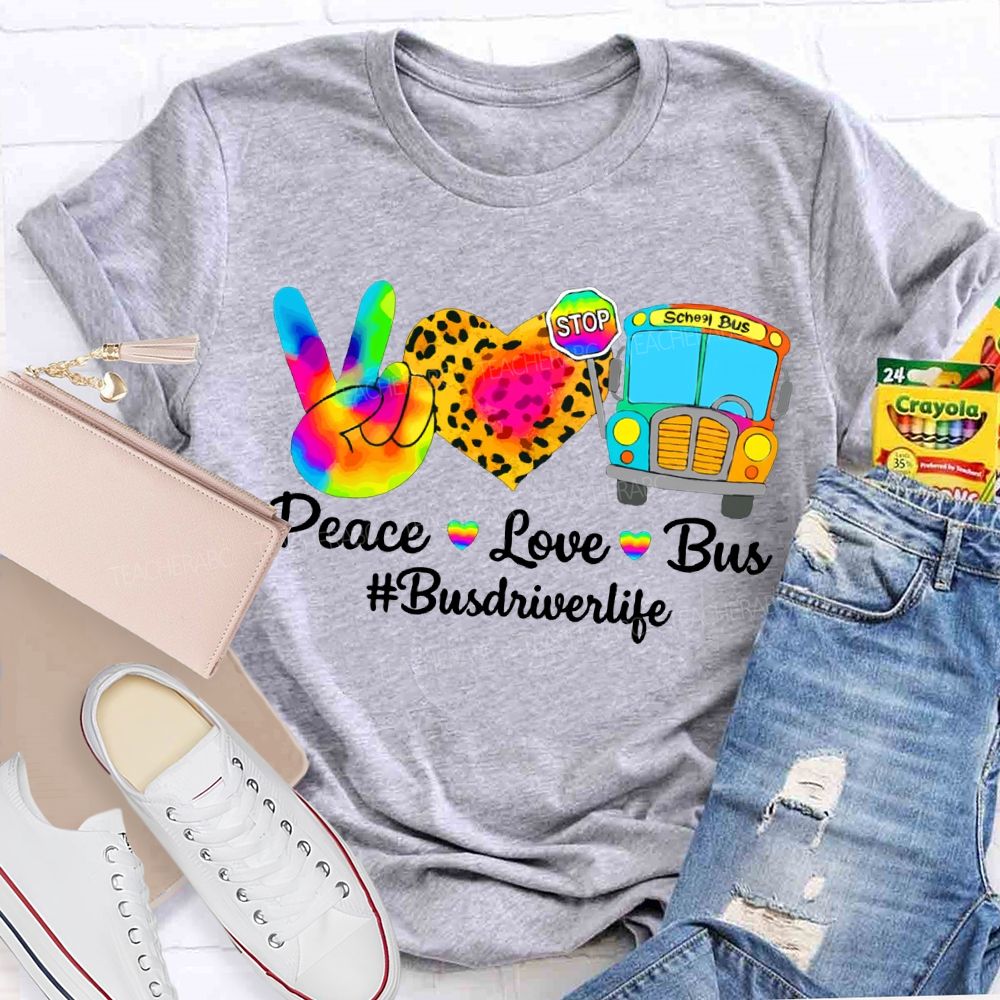Peace Love School Bus School Bus Driver Life Leopard Print Heart T-shirt