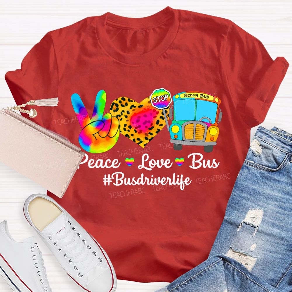 Peace Love School Bus School Bus Driver Life Leopard Print Heart T-shirt