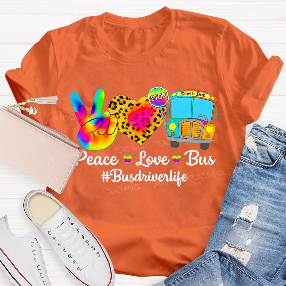 Peace Love School Bus School Bus Driver Life Leopard Print Heart T-shirt