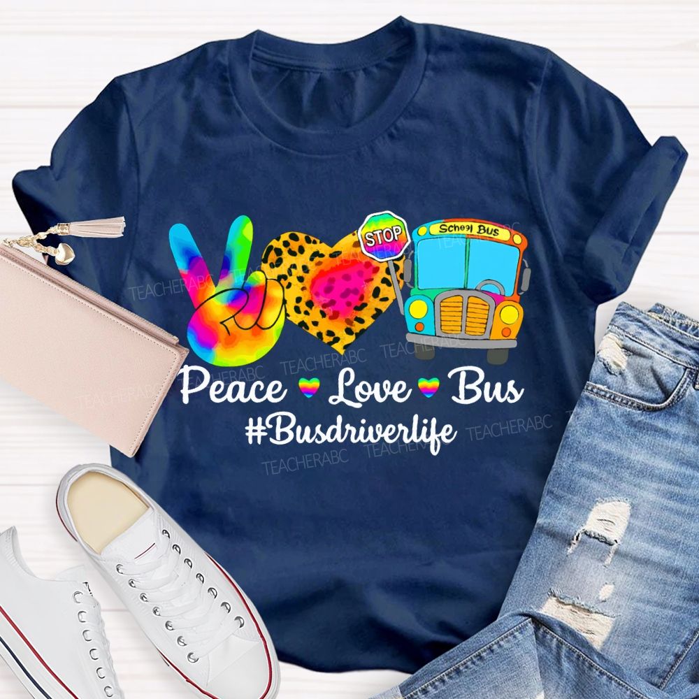 Peace Love School Bus School Bus Driver Life Leopard Print Heart T-shirt