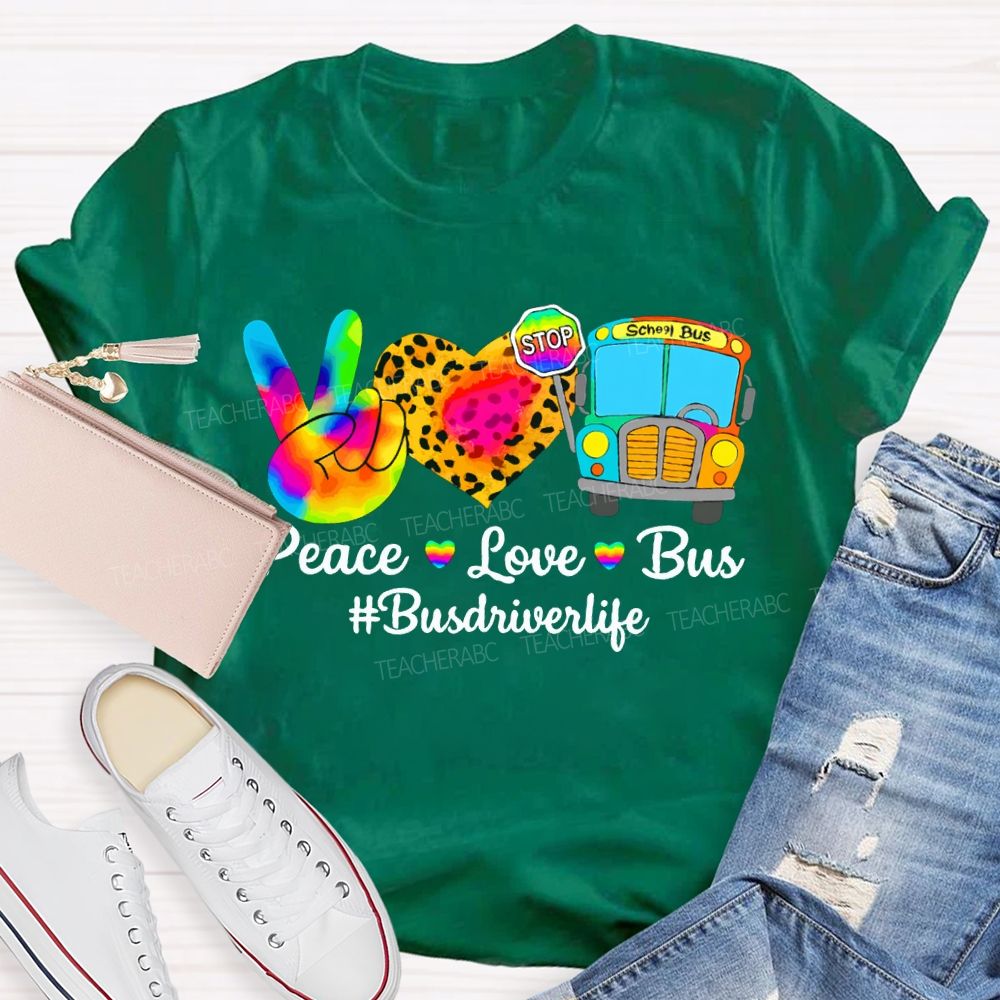 Peace Love School Bus School Bus Driver Life Leopard Print Heart T-shirt