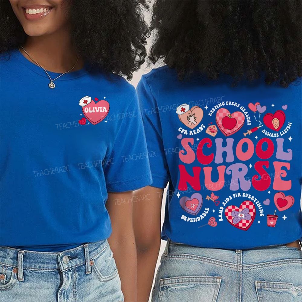 Personalized Name School Nurse Valentine'S Day Double Printed T-shirt