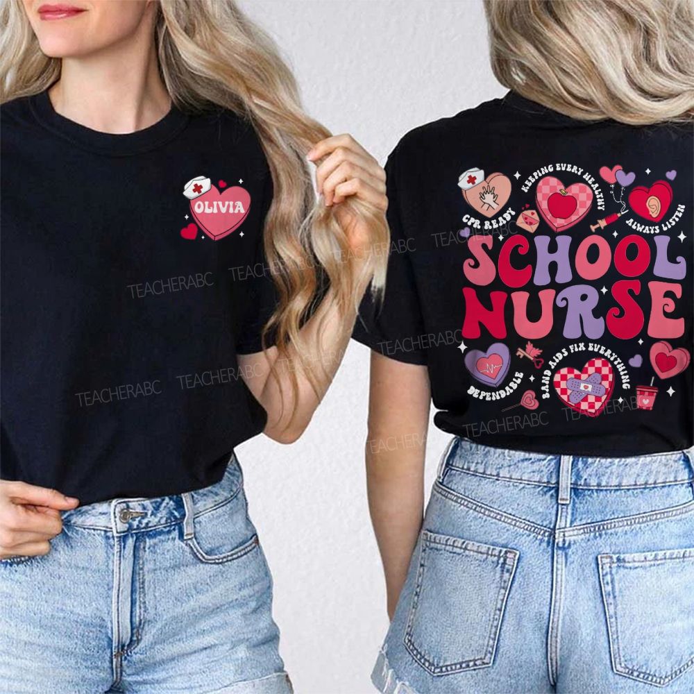 Personalized Name School Nurse Valentine'S Day Double Printed T-shirt