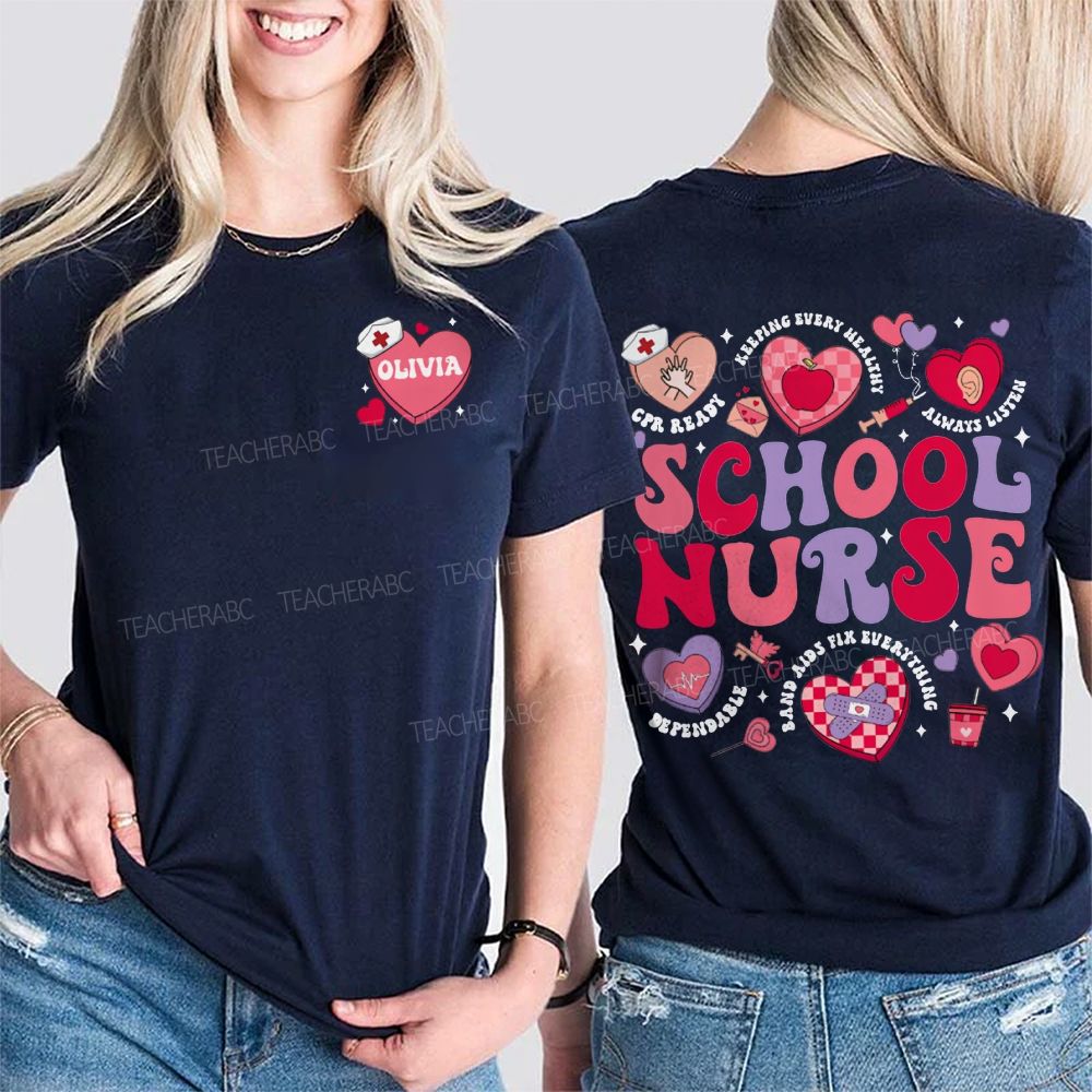 Personalized Name School Nurse Valentine'S Day Double Printed T-shirt