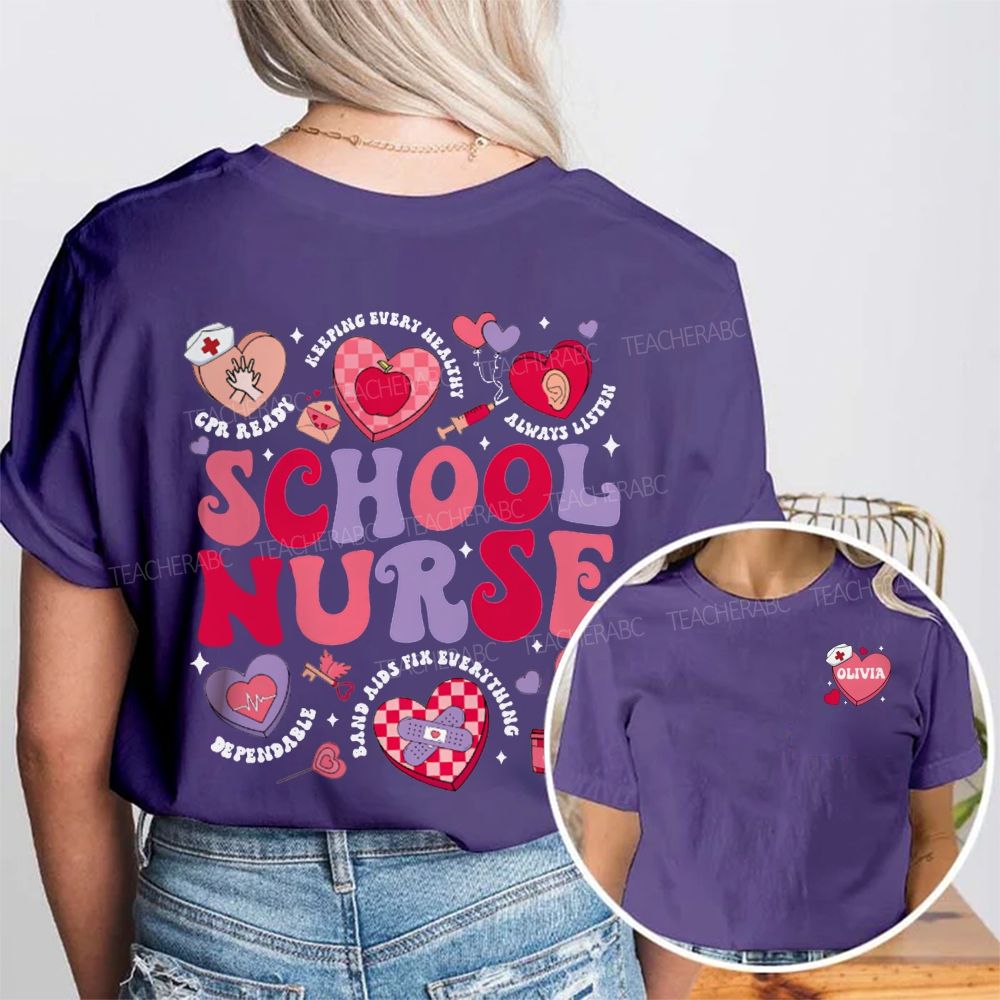 Personalized Name School Nurse Valentine'S Day Double Printed T-shirt
