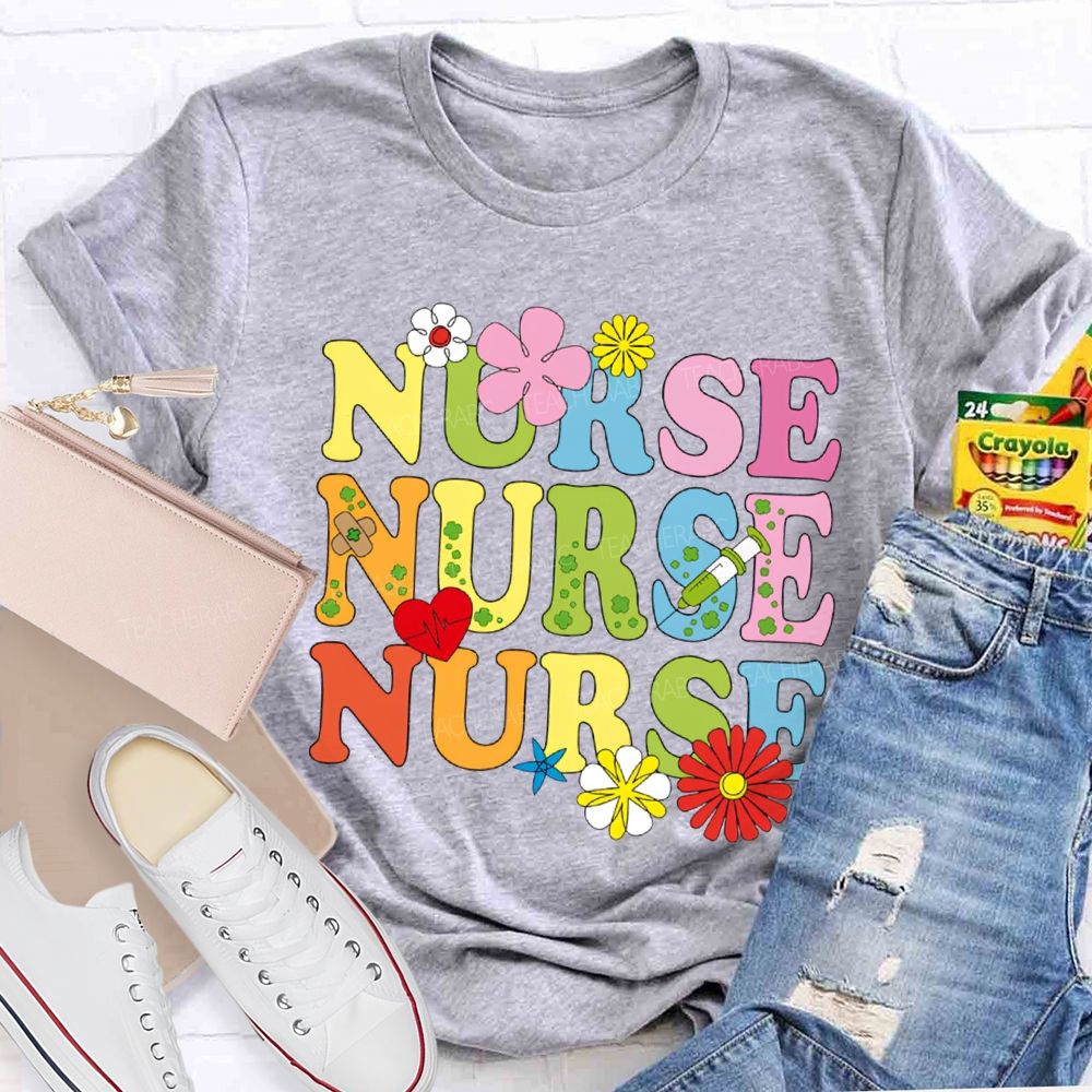 School Nurse Flowers And Colorful Fonts T-shirt