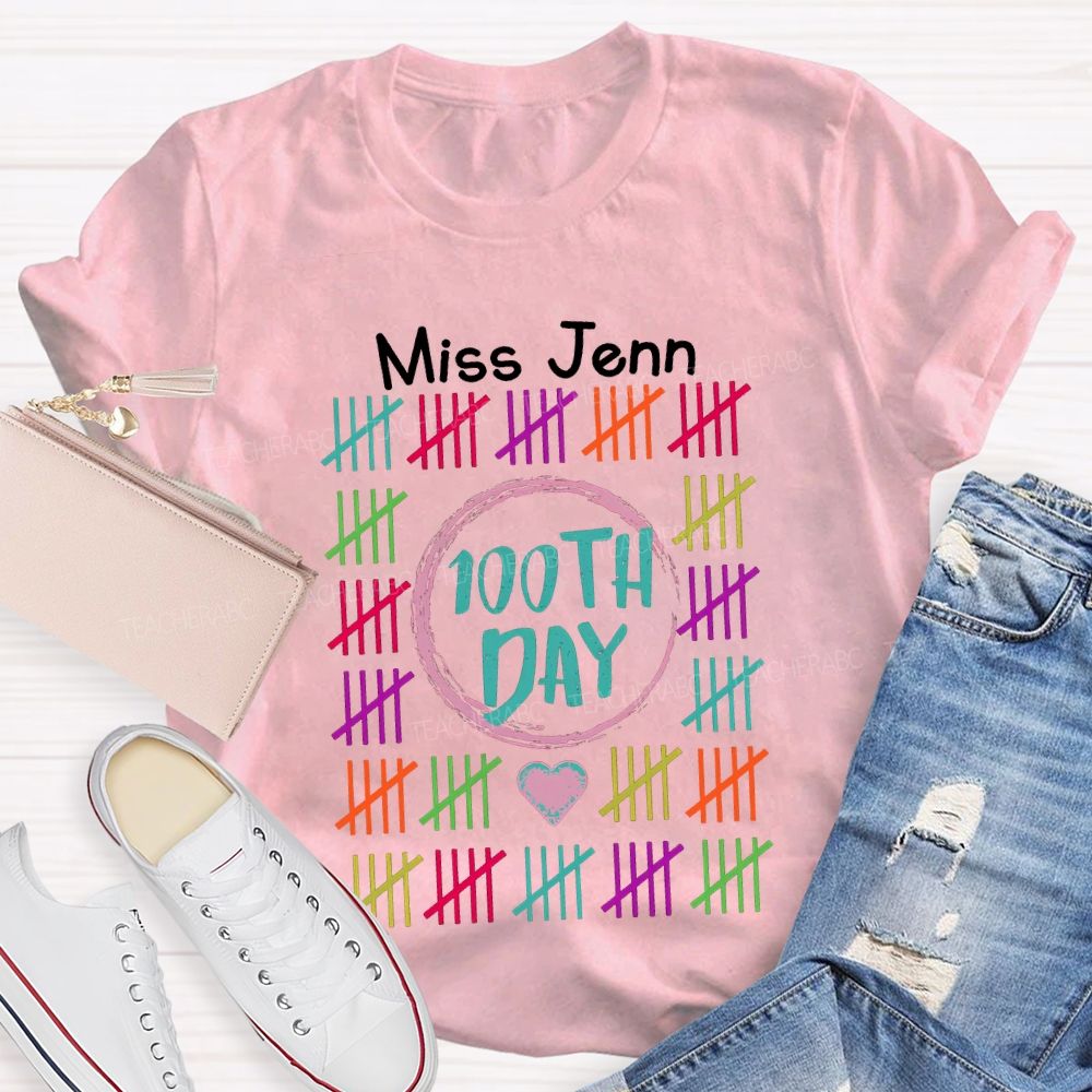 Personalized Name 100th Day Colorful Line Prints T-shirt