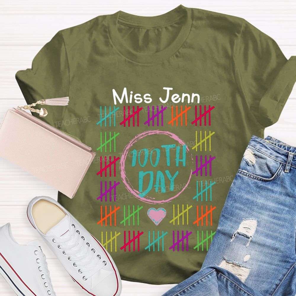 Personalized Name 100th Day Colorful Line Prints T-shirt