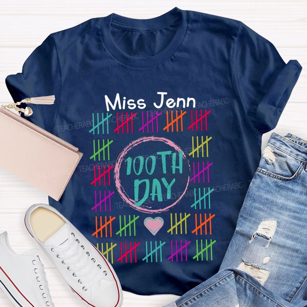 Personalized Name 100th Day Colorful Line Prints T-shirt