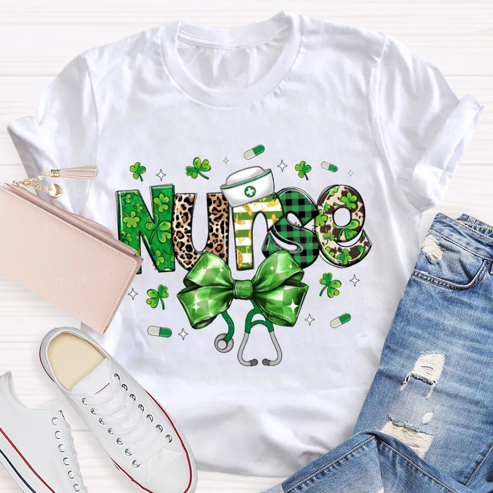 School Nurse Bow And Leopard Print Font Saint Patrick'S Day T-shirt