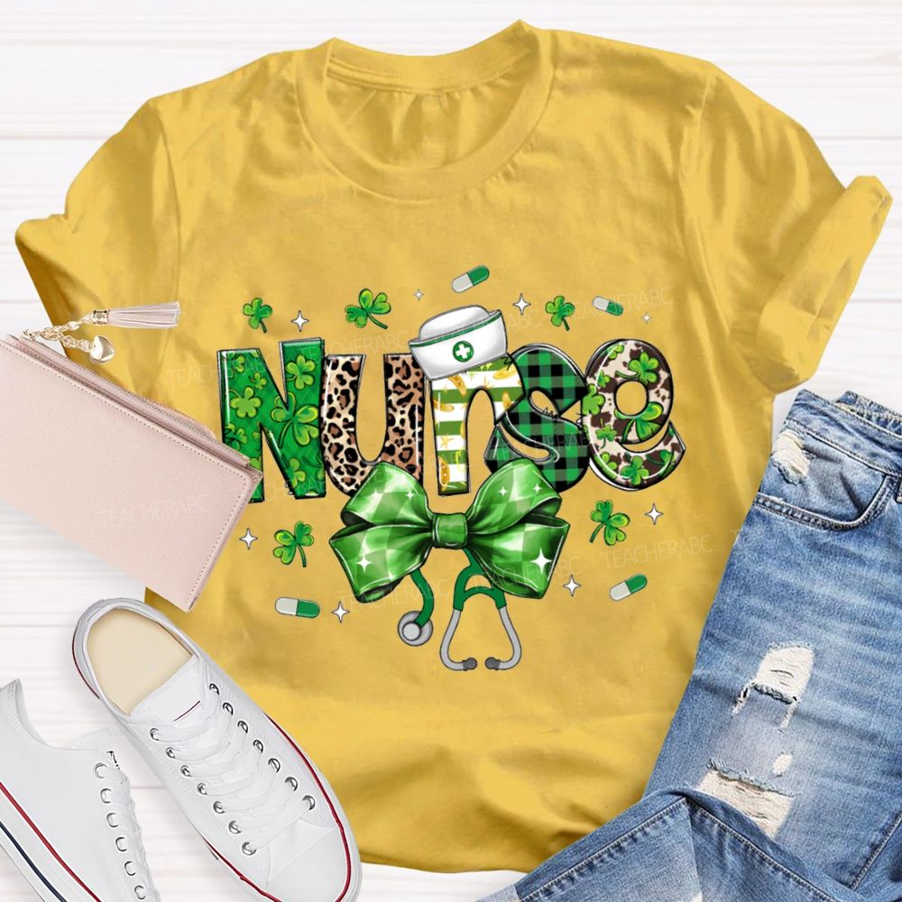 School Nurse Bow And Leopard Print Font Saint Patrick'S Day T-shirt