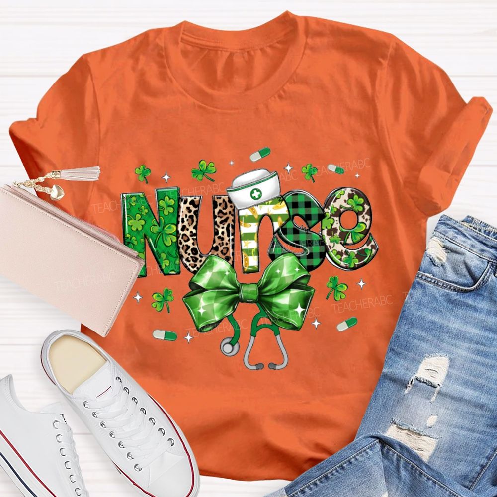 School Nurse Bow And Leopard Print Font Saint Patrick'S Day T-shirt