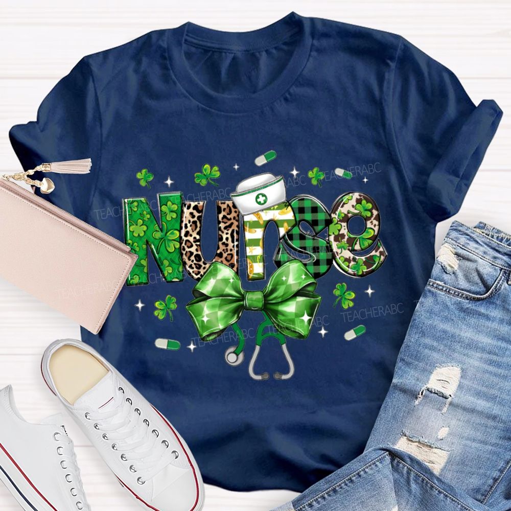 School Nurse Bow And Leopard Print Font Saint Patrick'S Day T-shirt