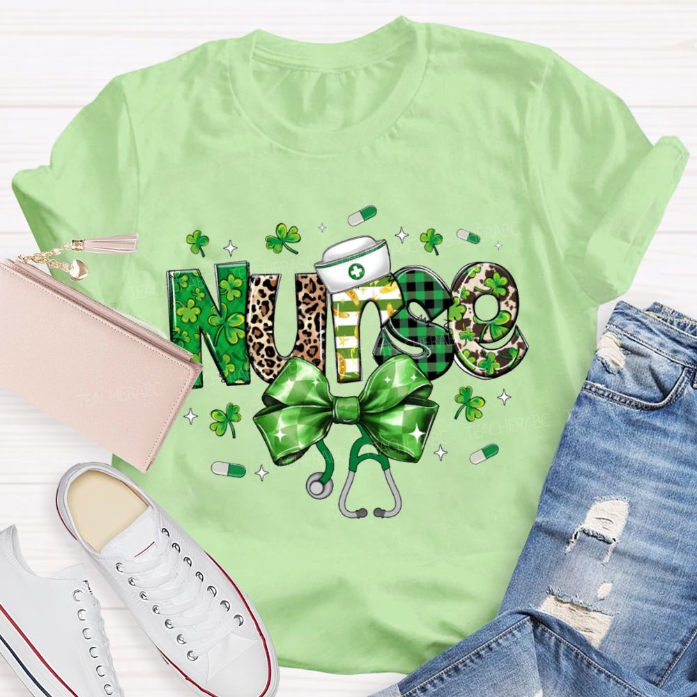 School Nurse Bow And Leopard Print Font Saint Patrick'S Day T-shirt