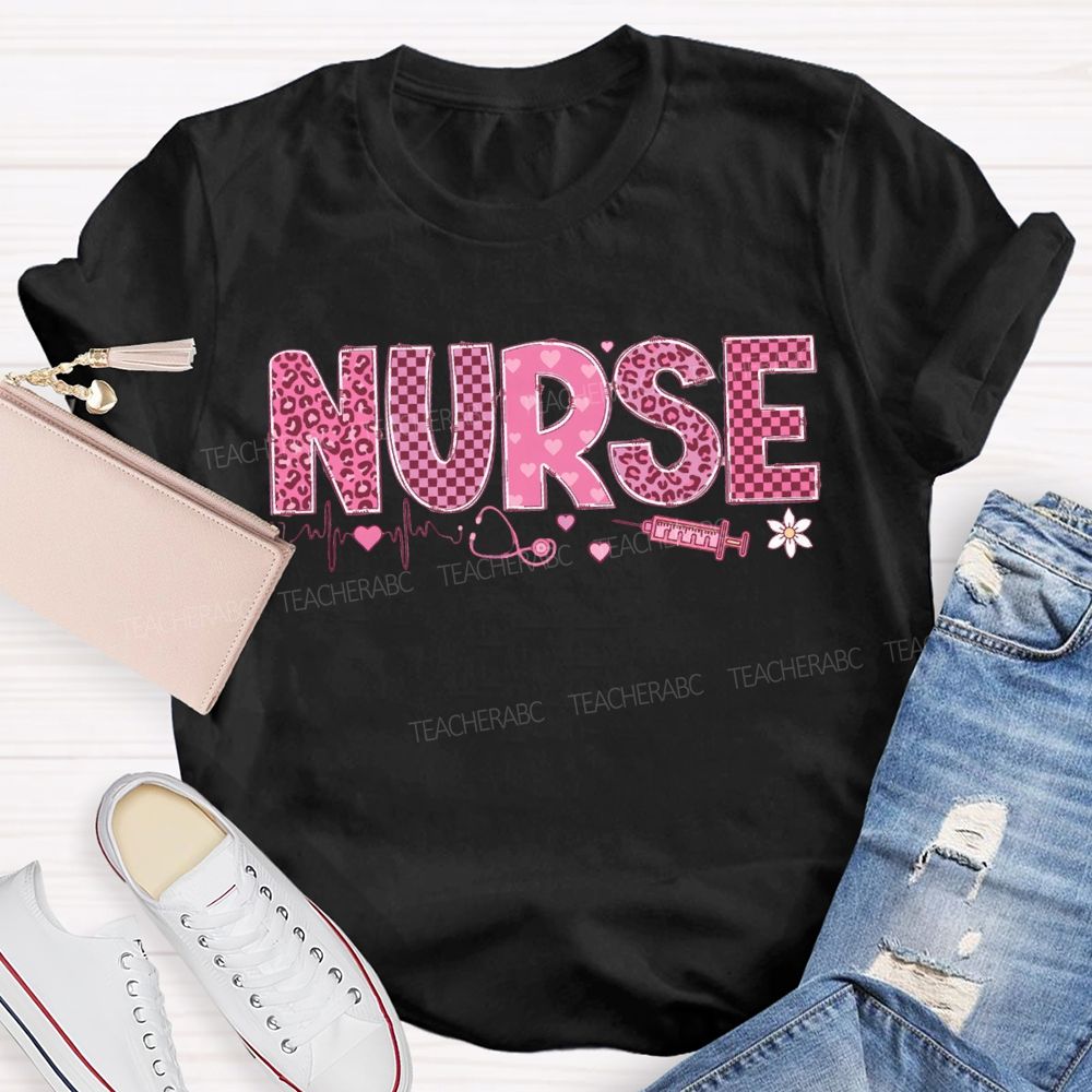 School Nurse Leopard Print And Checkered Font Valentine'S Day T-shirt