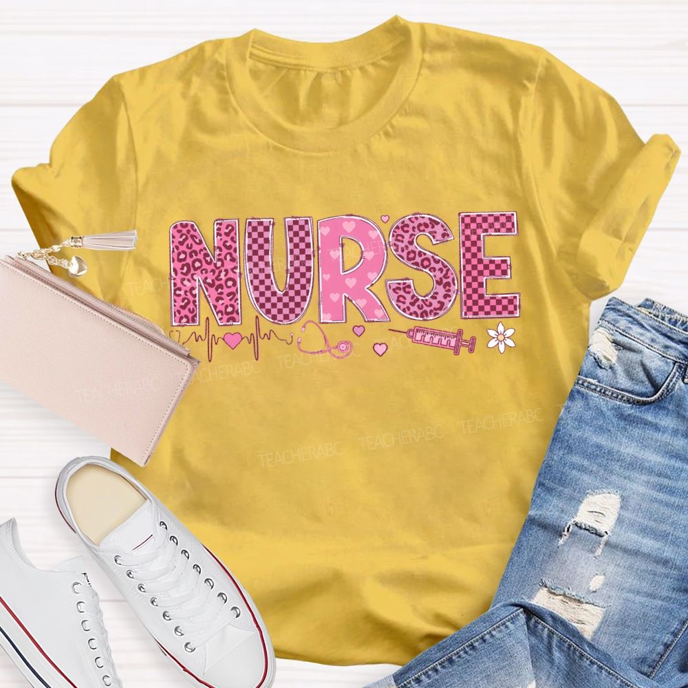 School Nurse Leopard Print And Checkered Font Valentine'S Day T-shirt
