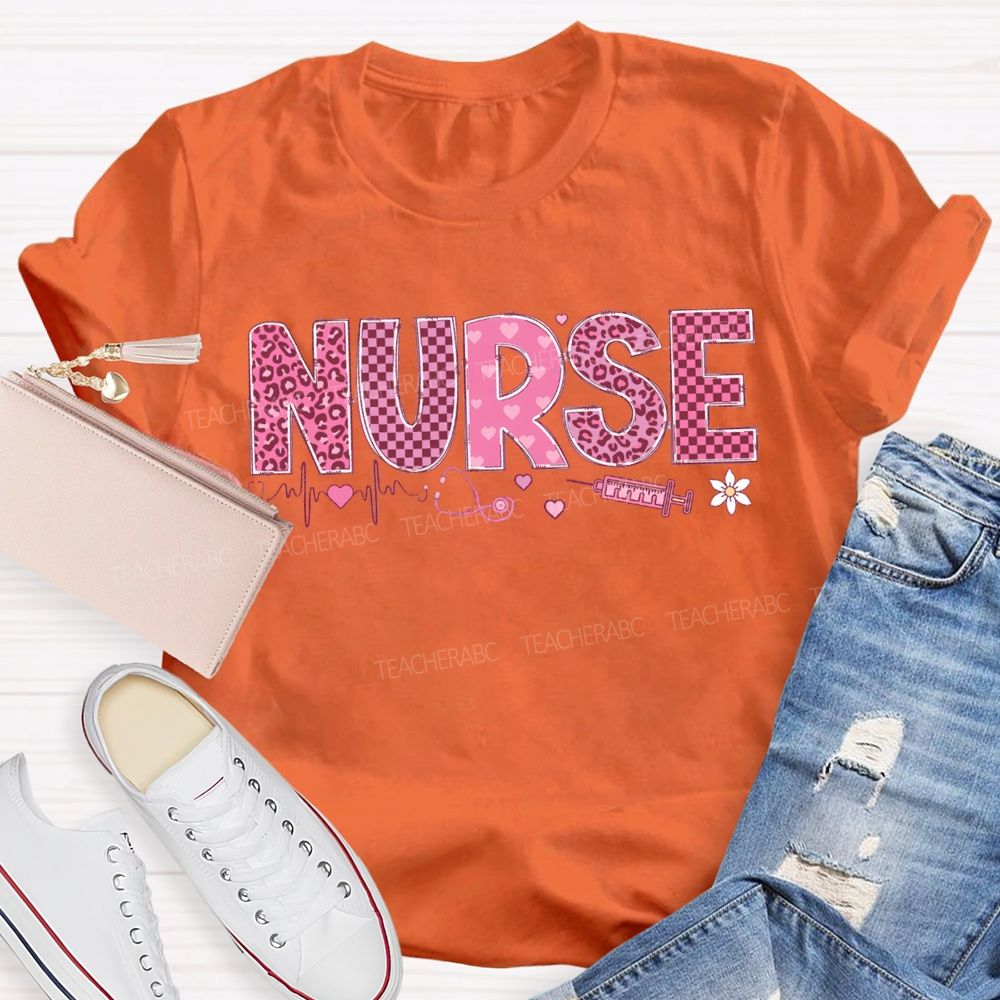 School Nurse Leopard Print And Checkered Font Valentine'S Day T-shirt